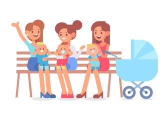 Happy moms sitting on a bench in the park with their newborn babies. Vector illustration in a flat style.