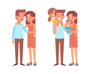 Vector set of characters in a flat style. Happy parents with children. Cartoon vector illustration.