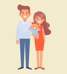 Happy couple with newborn baby. Happy family together. Mom, dad and kid. Vector illustration in a flat style.