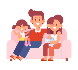 Happy family mom, dad and kids sitting on the couch at home. Vector illustration in a flat style. Simple shapes, easy to edit.