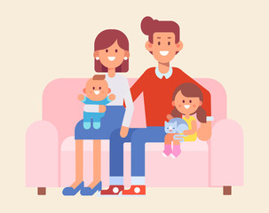 Happy family mom, dad and kids sitting on the couch at home. Vector illustration in a flat style. Simple shapes, easy to edit.