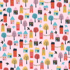 Seamless vector pattern with cute cartoon houses. Kids background.