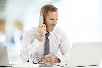Businessman consulting on mobile phone with his client. Portrait of happy financial assistant...
