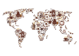 Vector coffee world map for cafeteria cafe