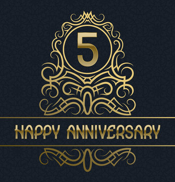 Happy anniversary greeting card template for five years celebration. Vintage design with golden elements.