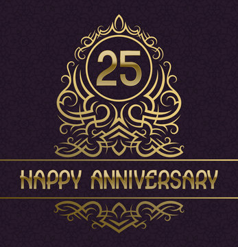 Happy anniversary greeting card template for twenty five years celebration. Vintage design with golden elements.
