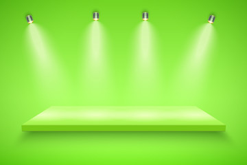 Light box with yellow platform on yellow backdrop with four spotlights. Editable Background Vector illustration.