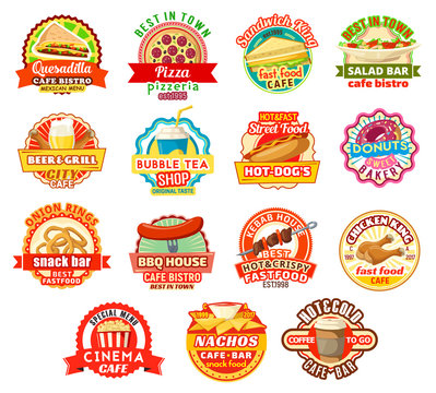 Vector fast food restaurant or fastfood cafe icons