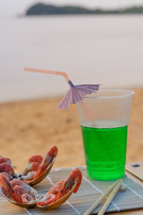 Shrimp sea food and drink on the beach