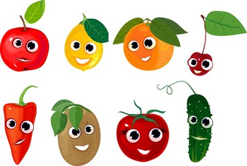 Set of vegetables and fruits with smiling faces
