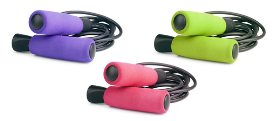 Jump rope or skipping rope isolated on white background. Sports, fitness, cardio, martial art and boxing accessories. Collection.