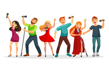 Obraz premium Group of young people singing and dancing with microphones vector illustration in flat design. People collection isolated on white background. Youth in karaoke have fun.