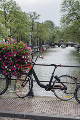 Fototapeta na wymiar One black and orange bike in the summer day in Amsterdam near the canal