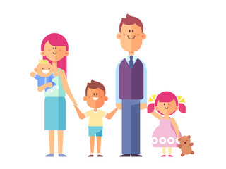 Mom, dad and kids. Happy family portrait isolated on white background.