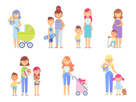 Set of characters in a flat style. Loving Mothers Have a Good Time With Their kids. Vector illustration in a flat style good for animation.