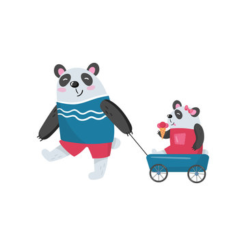 Father Panda Pulling His Baby Girl In Toy Wagon. Child Eating Ice-cream. Happy Family. Humanized Animals In Human Clothes. Fatherhood Concept. Flat Vector Design