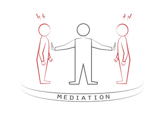 mediator and two arguing persons isolated on the white background, a front view, vector illustration, horizontal