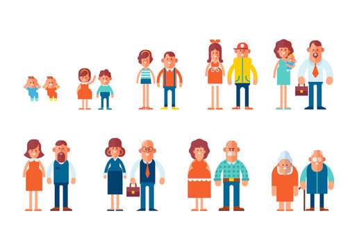 Set of characters in a flat style. Men and women characters, the cycle of life, growing up. From infant to grandparents. Vector characters are good for animation.
