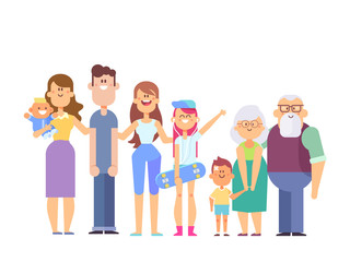 Vector set of characters in a flat style good for animation. Big family together - grandfather, grandmother, mom, dad, kids. Happy family portrait isolated on white background.
