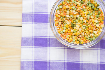 Set of raw ingredients for Italian cooking on a table. Beans, papper, olive oil. Set of healthy food products. Closeup