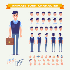 Front, side, back view animated character. Manager character constructor with various views, hairstyles, face emotions, poses and gestures. Cartoon style, flat vector illustration.