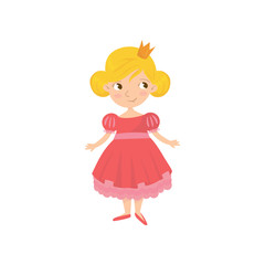 Portrait of cute fairy tale princess in pink dress and golden crown on head. Cartoon character of little girl with smiling face expression. Colorful flat vector design