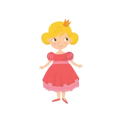 Foto auf Acrylglas Mädchenzimmer Porträt einer süßen Märchenprinzessin in rosa Kleid und goldener Krone auf dem Kopf. Zeichentrickfigur des kleinen Mädchens mit lächelndem Gesichtsausdruck. Buntes flaches Vektordesign