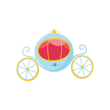 Blue medieval carriage with round-shaped cab and big wheels. Royal transport for princess or Cinderella. Cartoon flat vector design