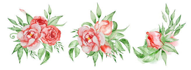 Peonies bouquets set Hand painted watercolor combination of Flowers and Leaves