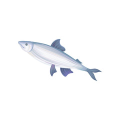Flat vector icon of tuna fish with blue fins. Seafood concept. Healthy eating. Decorative element for restaurant menu, promotional poster or banner