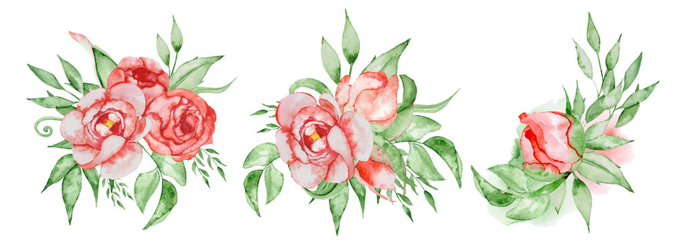 Peonies bouquets set Hand painted watercolor combination of Flowers and Leaves
