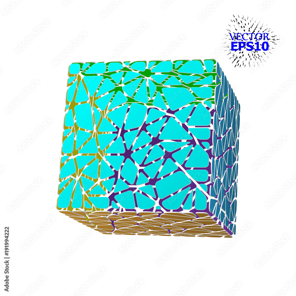 Poster the geometric figure of the cube is made up of segments in the voronoi style. illustration. 3d illus