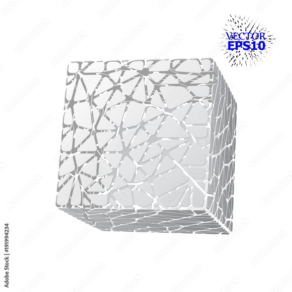 Poster the geometric figure of the cube is made up of segments in the voronoi style. illustration. 3d illus