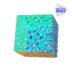 The geometric figure of the cube is made up of segments in the Voronoi style. illustration. 3d illustration