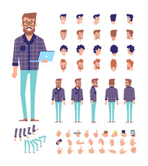 Front, side, back view animated character, separate parts of body. Fashionable bearded hipster constructor with various views, hairstyles, poses and gestures. Flat vector illustration.