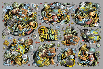 Vector doodle cartoon set of travel theme items