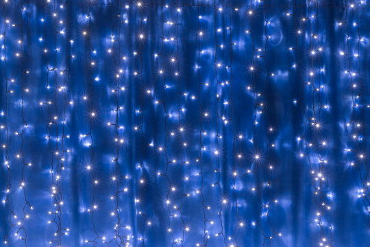 Blue Led Light Curtain, Closeup Of Festive Background