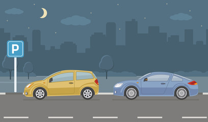 Parking lot with two cars on city background. Vector illustration. 

