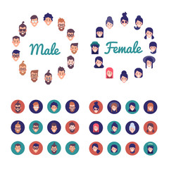 Set of vector men and women faces with different haircuts. Flat Vector Avatars