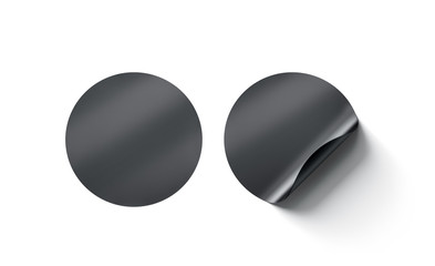 Blank black round adhesive stickers mock up with curved corner, 3d rendering. Empty circle sticky...