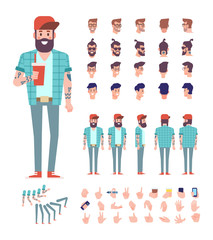 	 Front, side, back, 3/4 view animaes characters. Young guy creation set with various views, face emotions, lip sync,poses. Cartoon style, flat vector illustration.