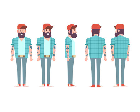 Young bearded man for animation. Front, side, back, 3/4 view character.  Separate parts of body. Cartoon style, flat vector illustration. Stock  Vector