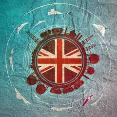 Circle with energy relative silhouettes. Objects located around circle. Flag of the Great Britain in the center of circle. Modern brochure, report or leaflet design template.