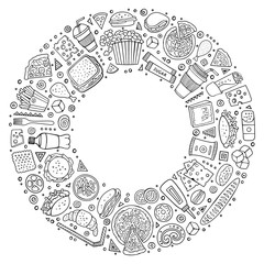 Set of Fast food cartoon doodle objects, symbols and items