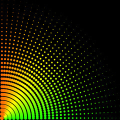 colored background in the form of rays from colored balls on a diagonal of different size on a black background