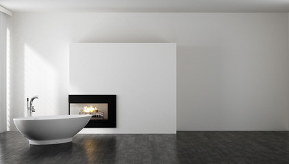 Obraz na płótnie Canvas Minimalist bathroom with bathtub and fireplace