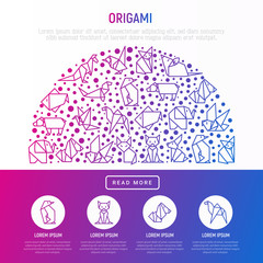 Origami concept in half circle with thin line icons: penguin, camel, fox, bear, sparrow, fish, mouse, bird, elephant, kangaroo, hare, seal. Modern vector illustration for workshop with place for text.
