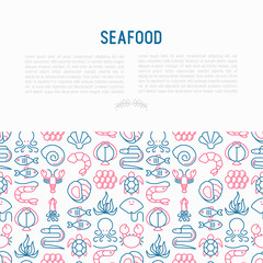 Seafood concept with thin line icons: lobster, fish, shrimp, octopus, oyster, eel, seaweed, crab, ramp, turtle. Modern vector illustration for restaurant menu.
