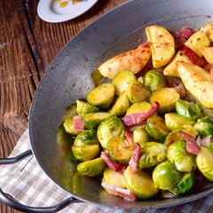 Brussels Sprouts with ham ,honey and roasted potatoes