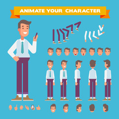 Front, side, back, 3/4 view animated character. Manager with phone character constructor with various views, face emotions, poses and gestures. Cartoon style, flat vector illustration.